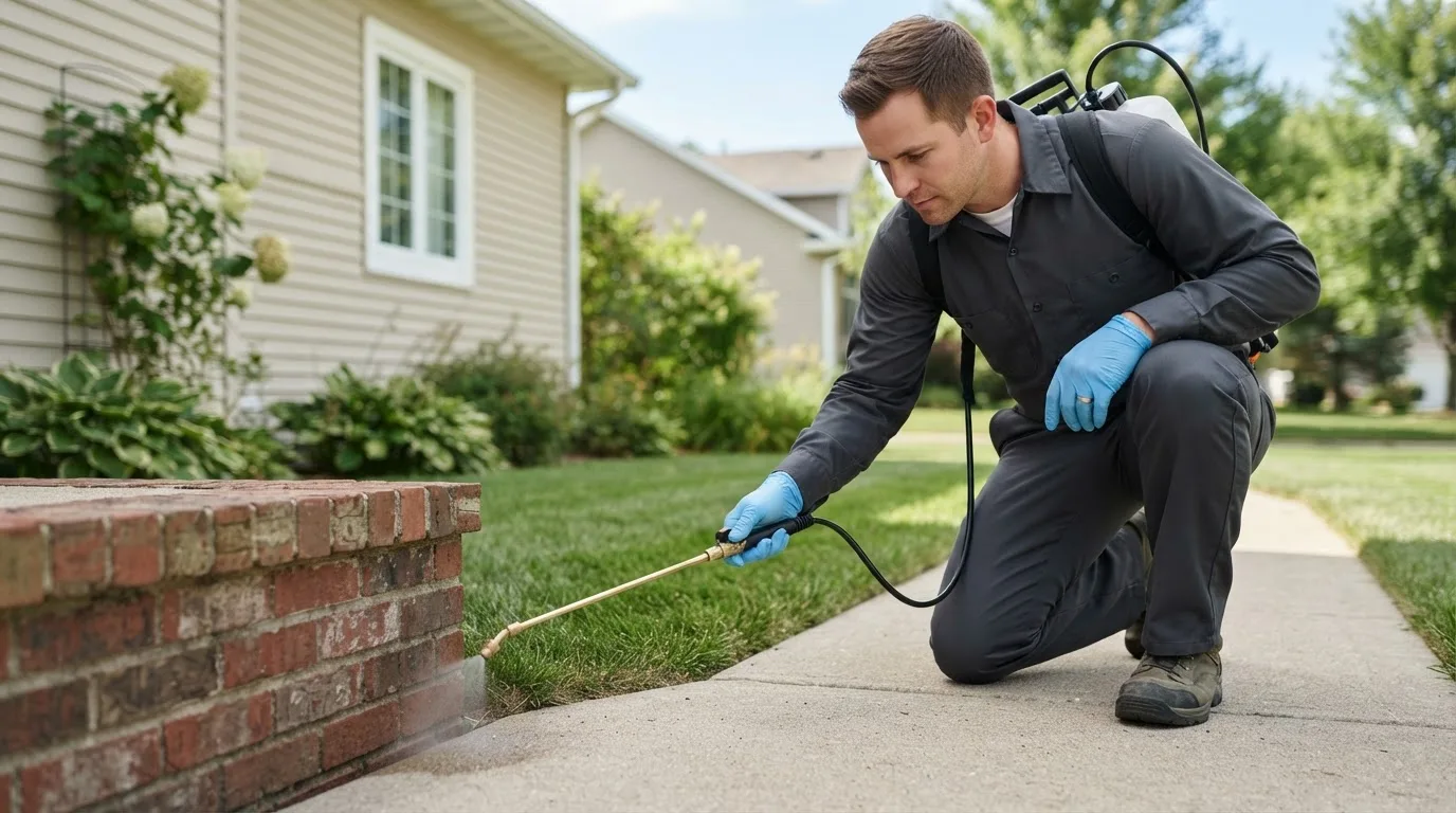 Pest control technician treating a home near New Limerick, ME
